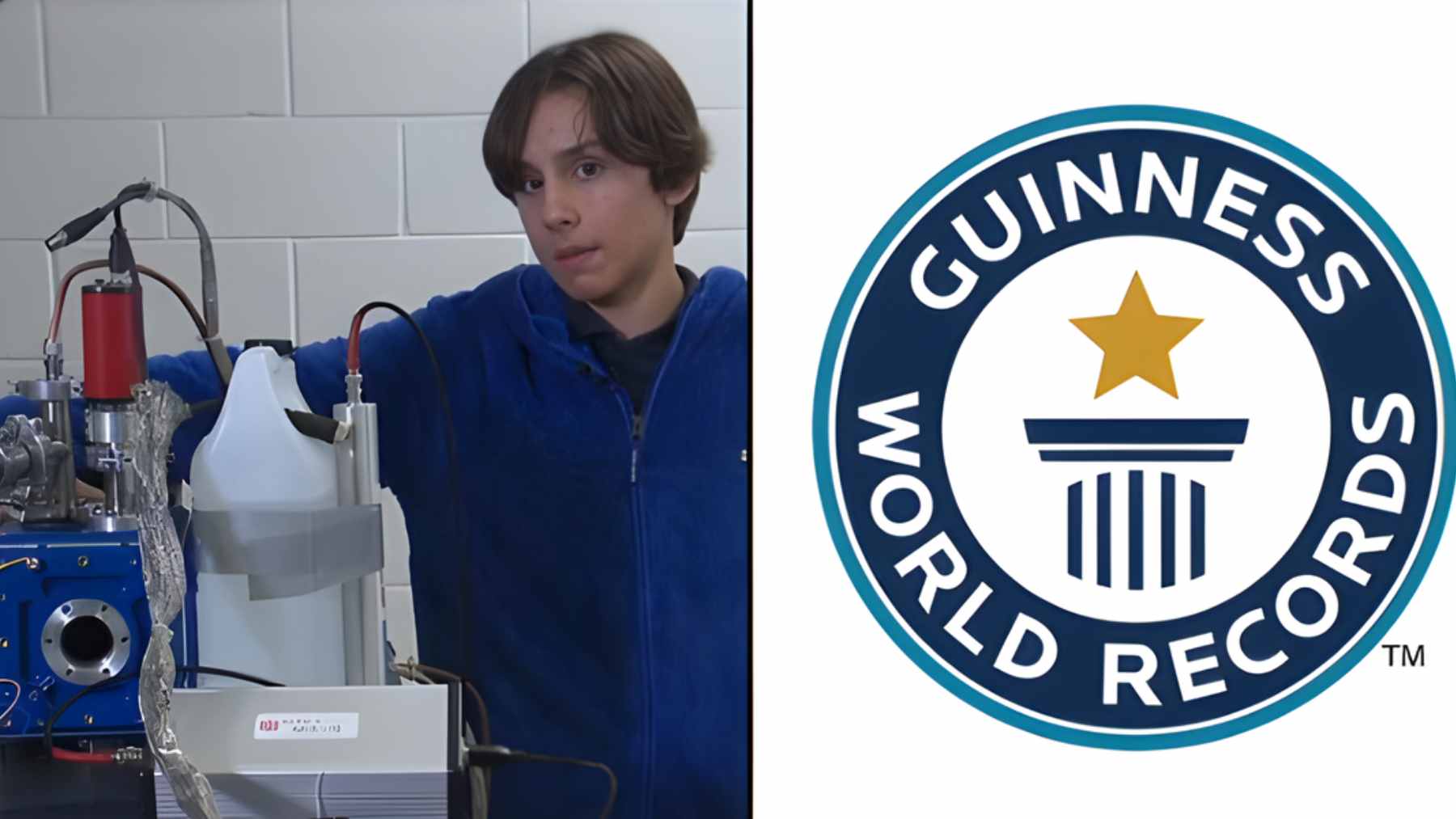 13-year-old Aiden McMillan adjusting the vacuum chamber of his homemade tabletop nuclear fusion reactor.