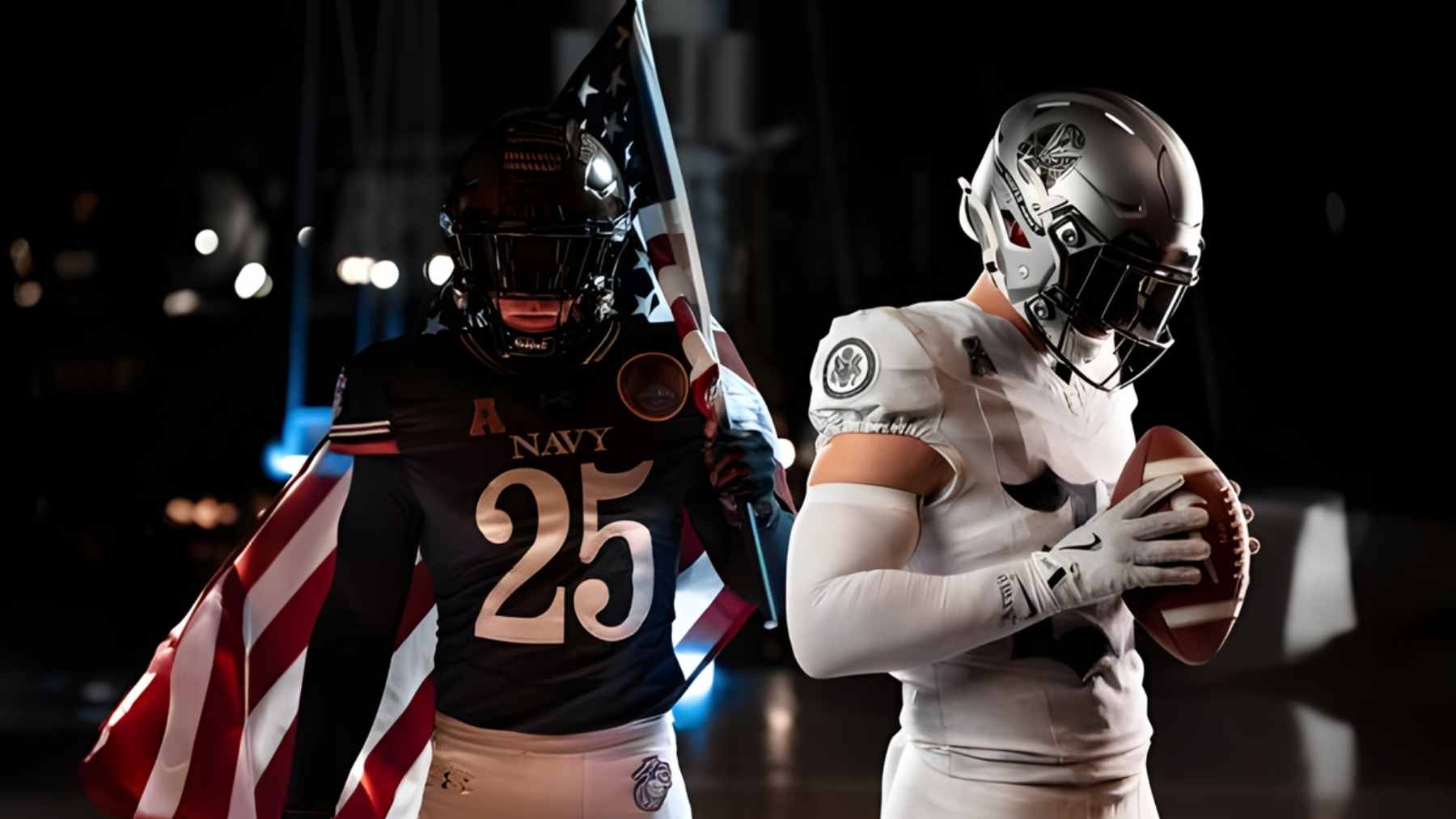 A wide-angle view of the Army-Navy football game with midshipmen and cadets in the stands, representing the traditional December broadcast window.