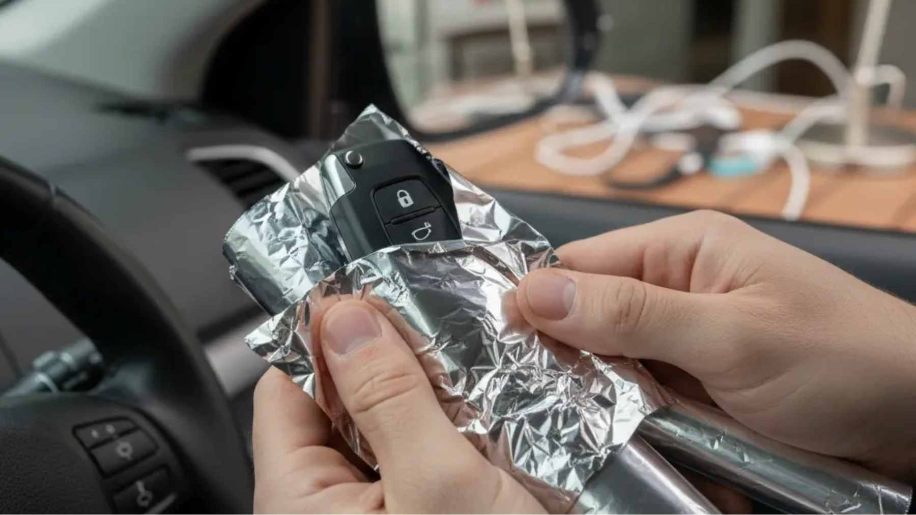 A hand wrapping a modern car key fob in aluminum foil to create a makeshift Faraday cage against relay theft.