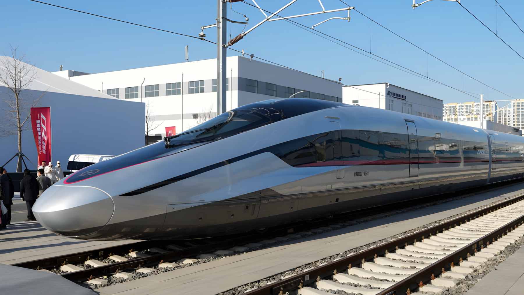 A sleek, futuristic CR450 high-speed train traveling rapidly along an elevated railway track in China.
