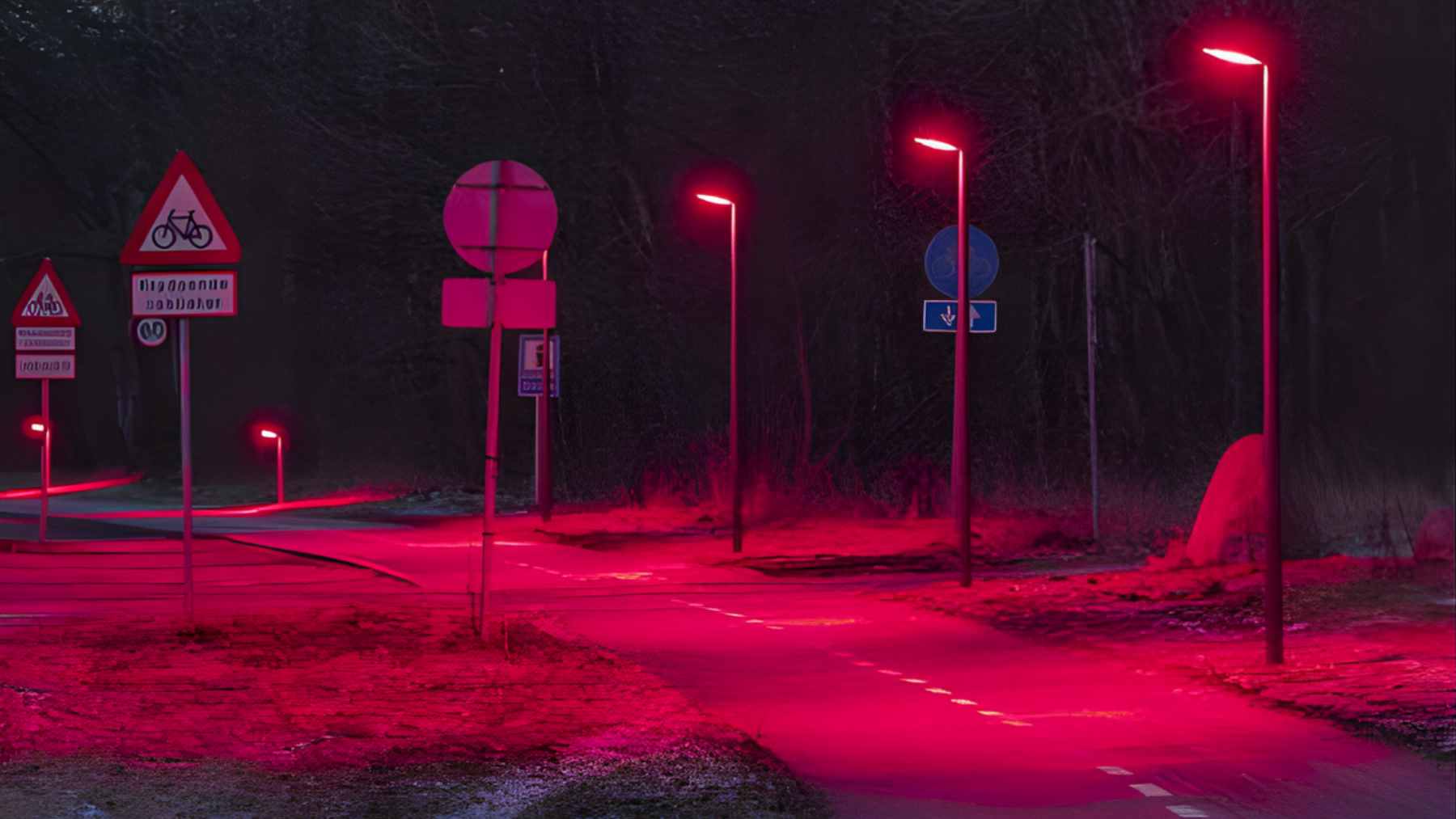 A long-exposure shot of a road in Gladsaxe, Denmark, illuminated by red LED streetlights designed to protect local bat colonies.