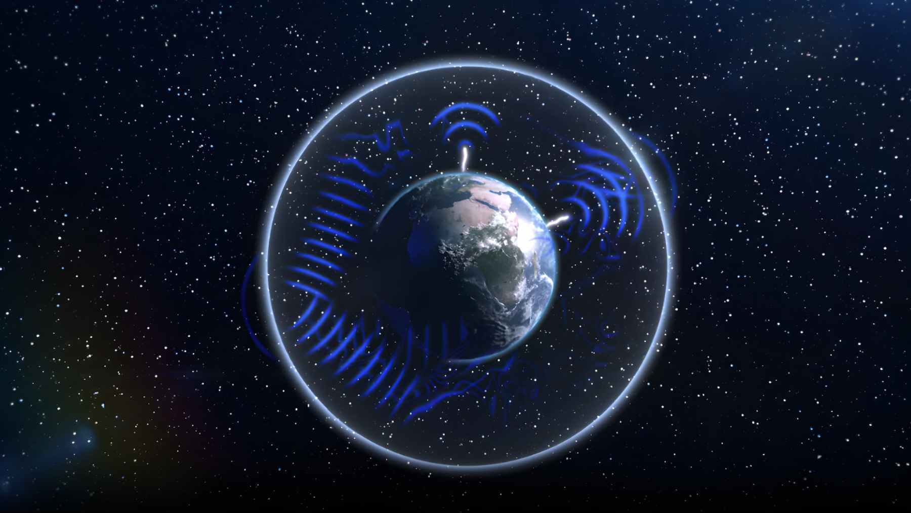 A conceptual illustration showing a human head with a glowing brain, surrounded by glowing waves representing Earth's electromagnetic fields.