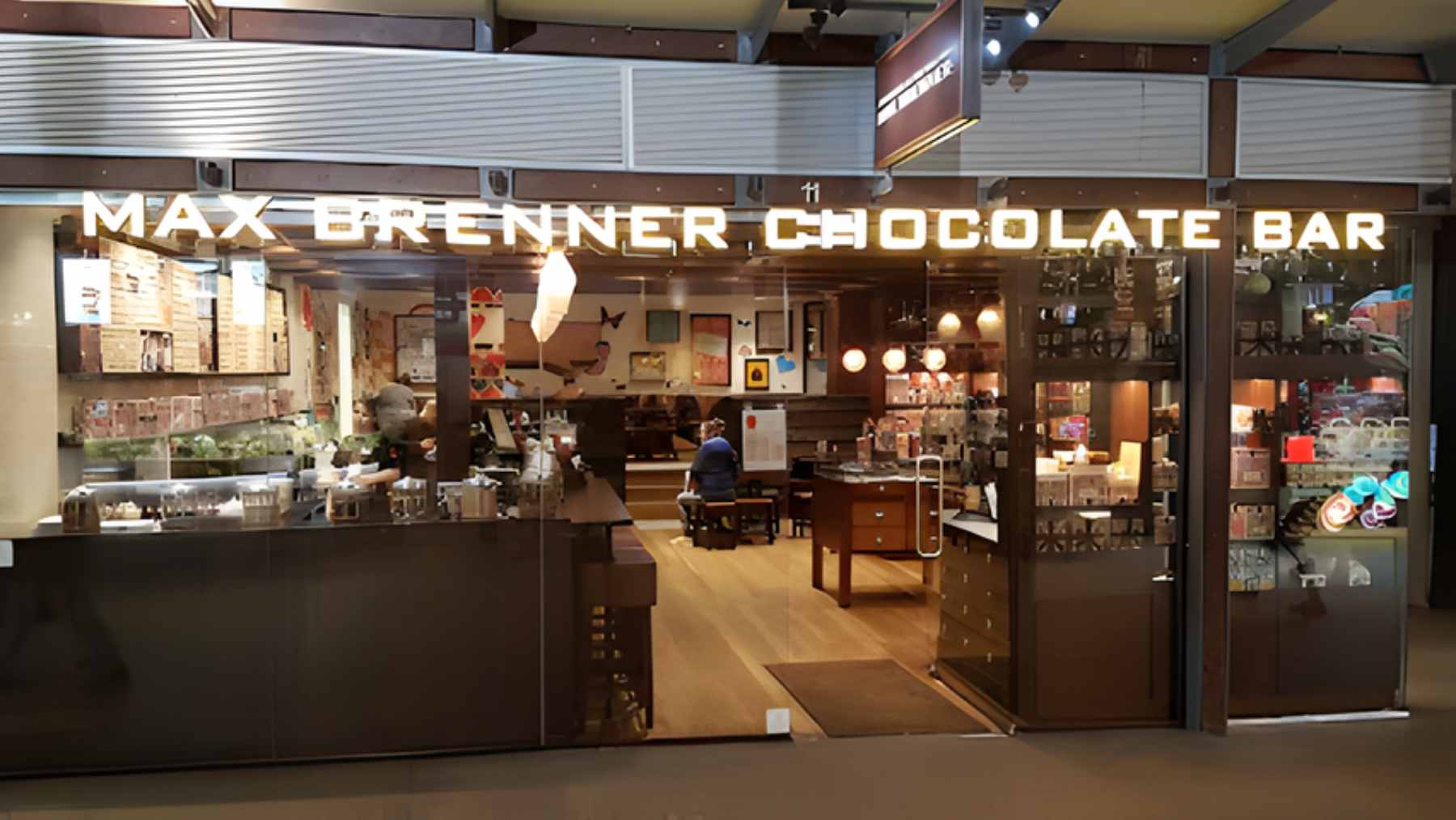 The exterior storefront of the Max Brenner chocolate restaurant in Union Square, New York City.