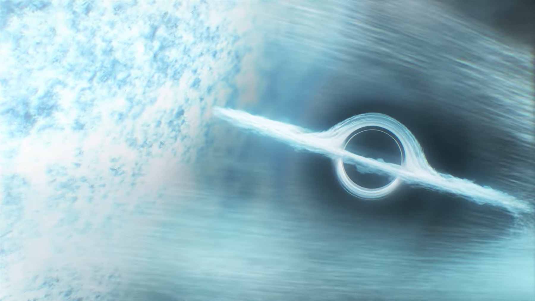 An artist's illustration of a small black hole plunging into a stripped helium star, emitting a bright and long-lasting gamma-ray burst jet.