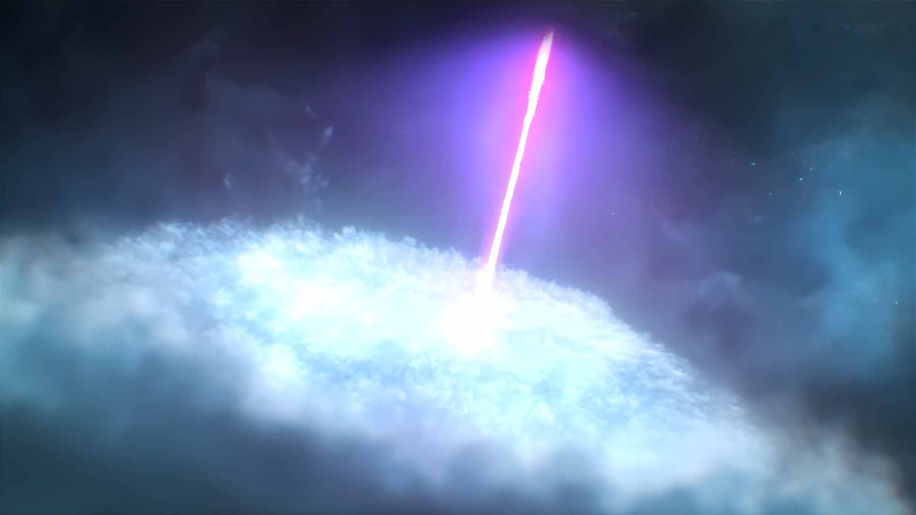 An artist's illustration of a small black hole plunging into a stripped helium star, emitting a bright and long-lasting gamma-ray burst jet.