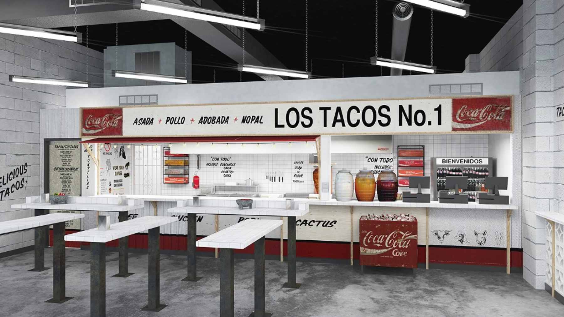 A close-up of red and green salsa containers at a Los Tacos No. 1 self-service condiment bar in New York City.