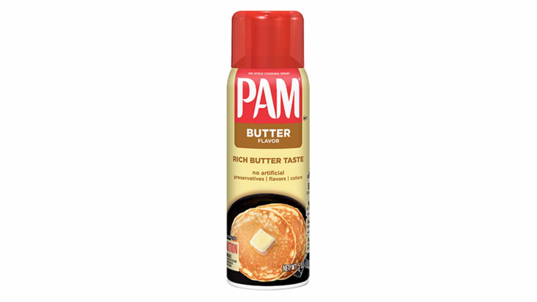 A can of PAM Butter Flavor cooking spray sitting on a kitchen counter next to a frying pan.