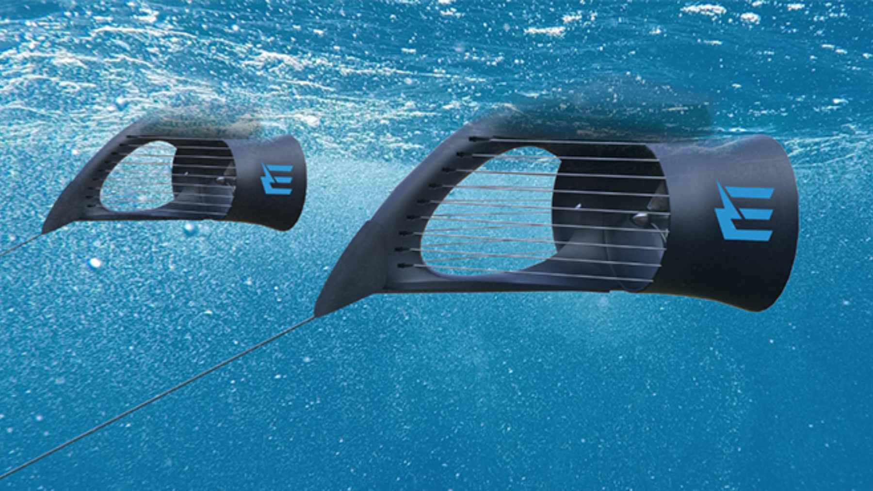 A floating Energyfish micro-hydropower unit anchored in the Rhine River, designed to generate electricity from water currents.