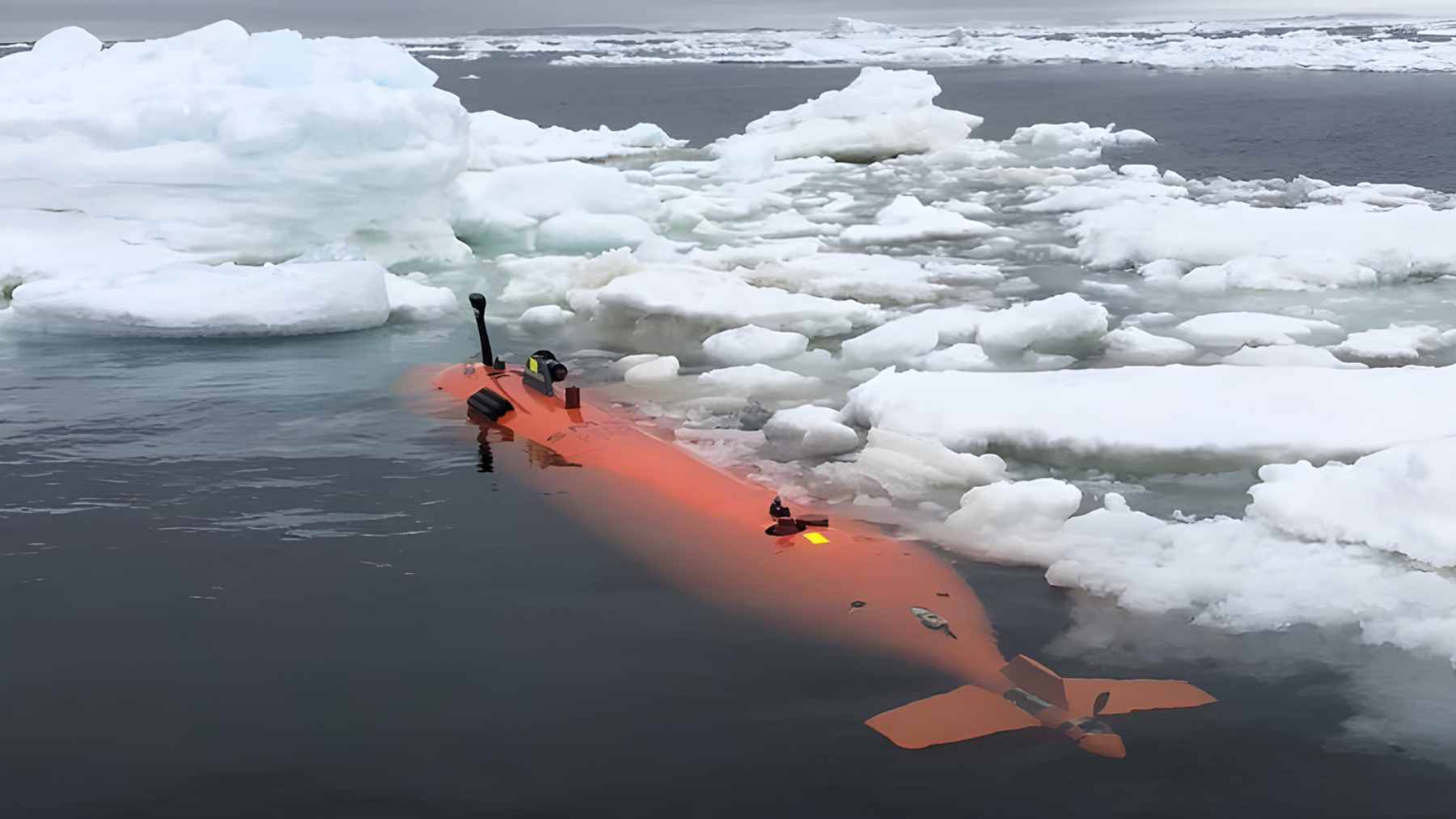 The autonomous robotic submarine Ran mapping the jagged and melting underside of the Dotson Ice Shelf in Antarctica.