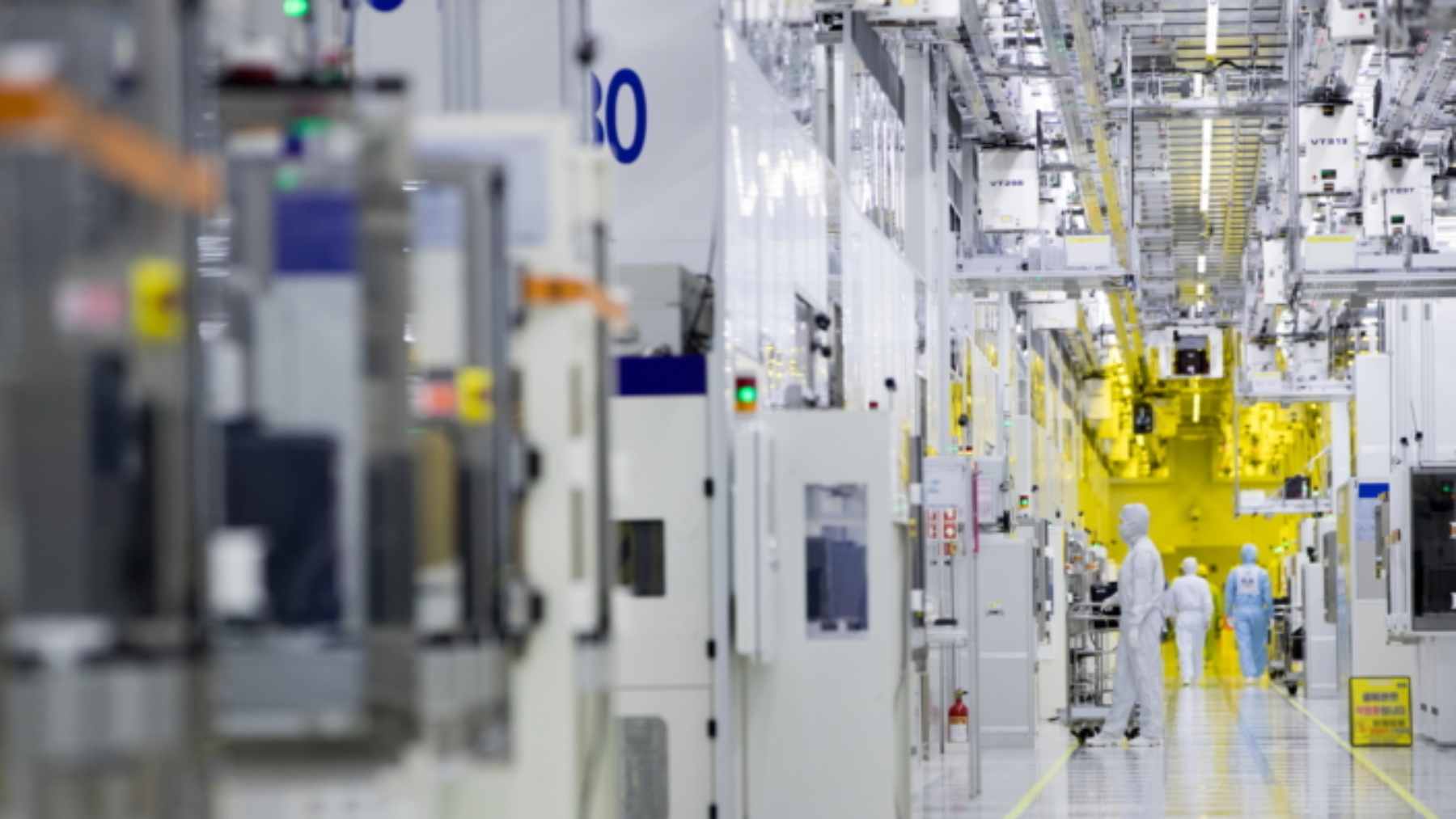 A high-tech semiconductor cleanroom at a Samsung electronics facility, where advanced AI memory and logic chips are manufactured.