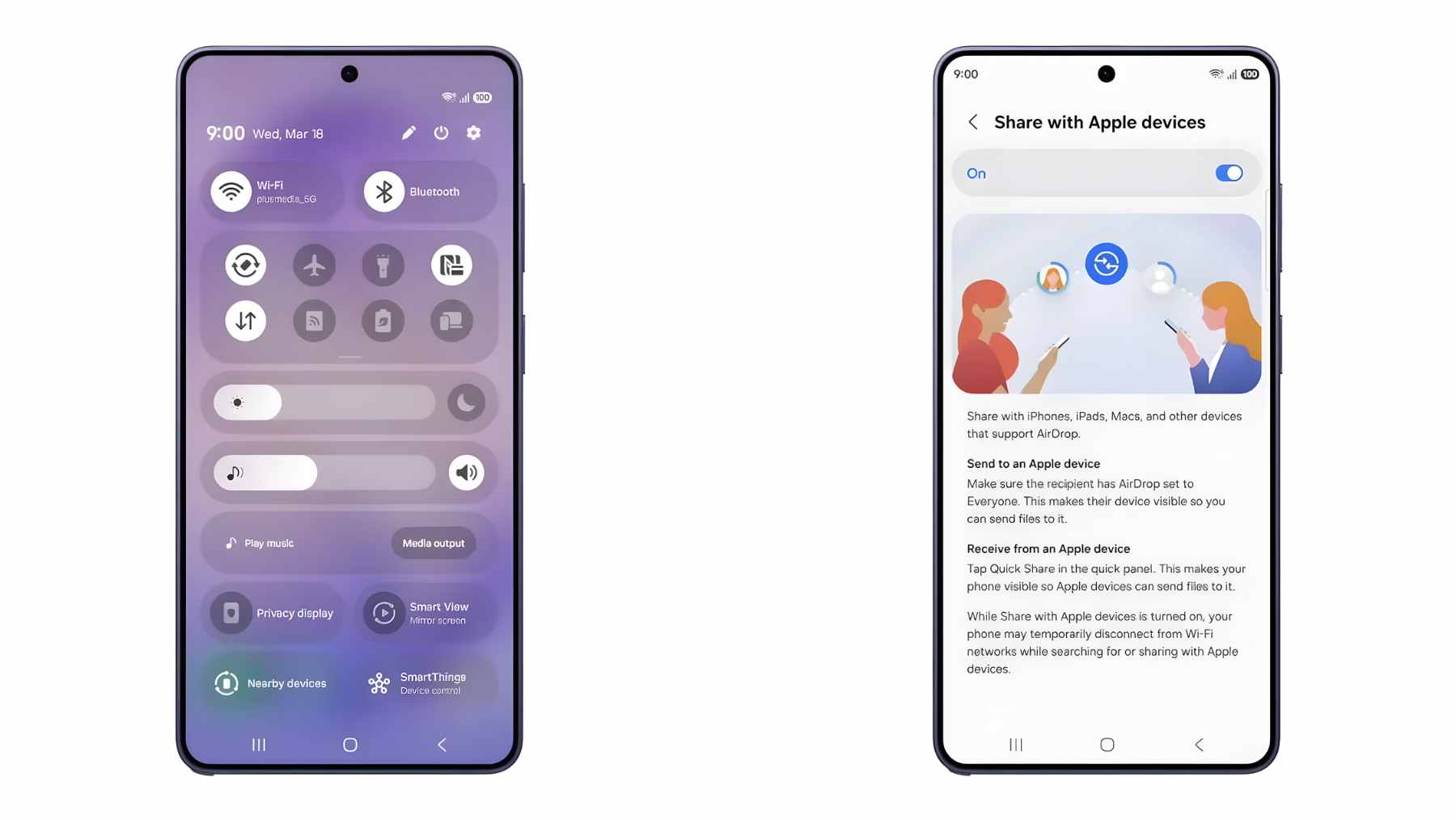 A Samsung Galaxy S26 screen showing the Quick Share menu with the "Share with Apple devices" toggle enabled next to an iPhone receiving a file.