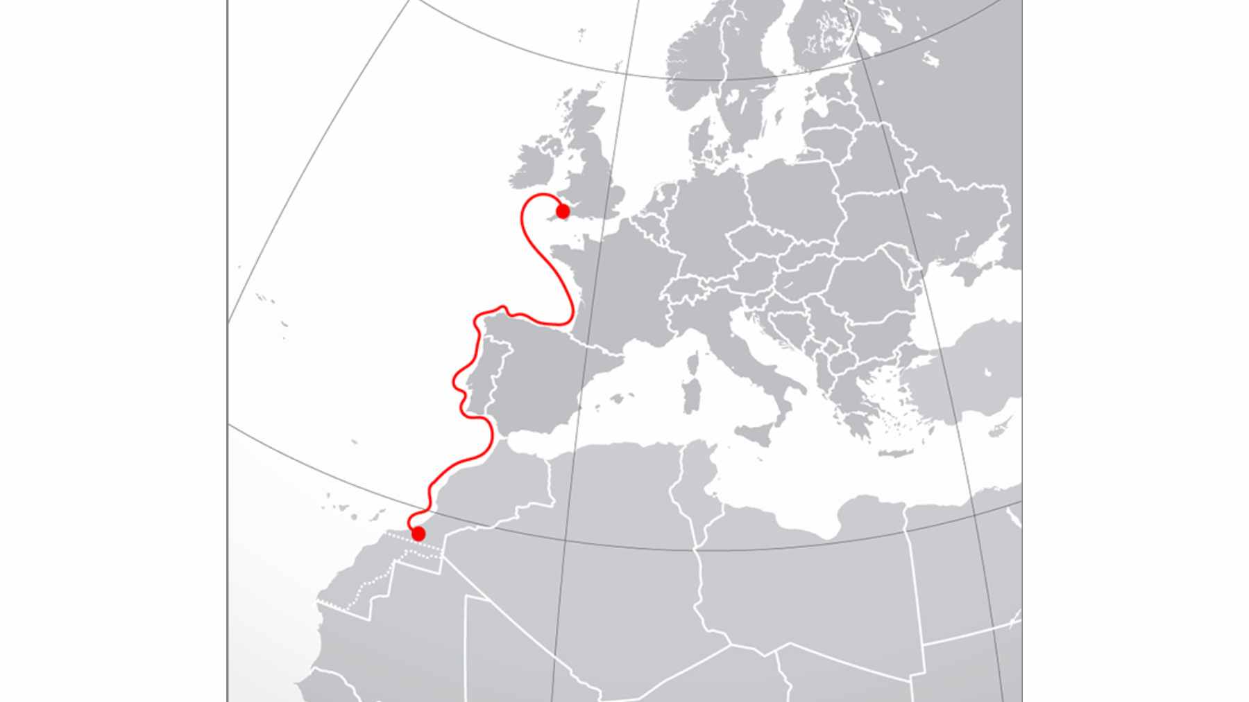 A conceptual map of the Sila Atlantik high-voltage direct current (HVDC) cable route from Morocco to Germany along the Atlantic coast.