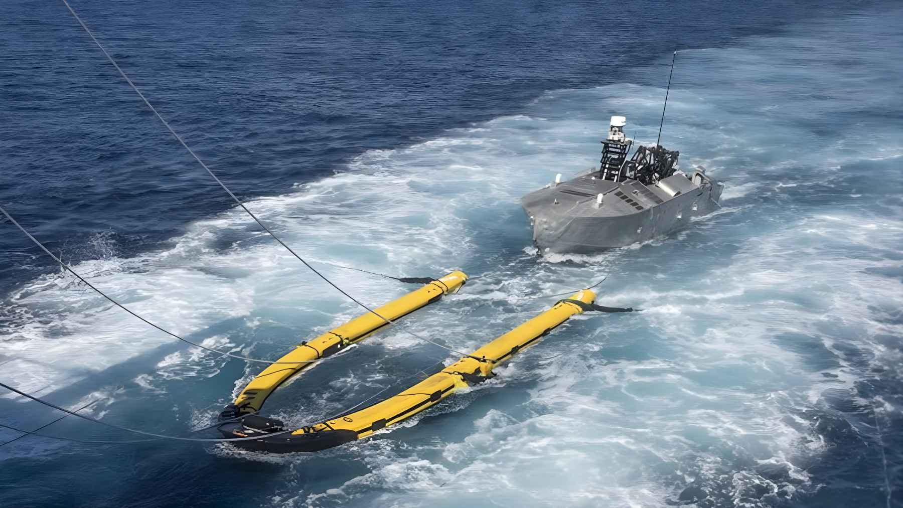 U.S. Navy mine countermeasures vessel operating at sea, illustrating the defensive capability withdrawn from the Middle East amid rising concern over naval mines