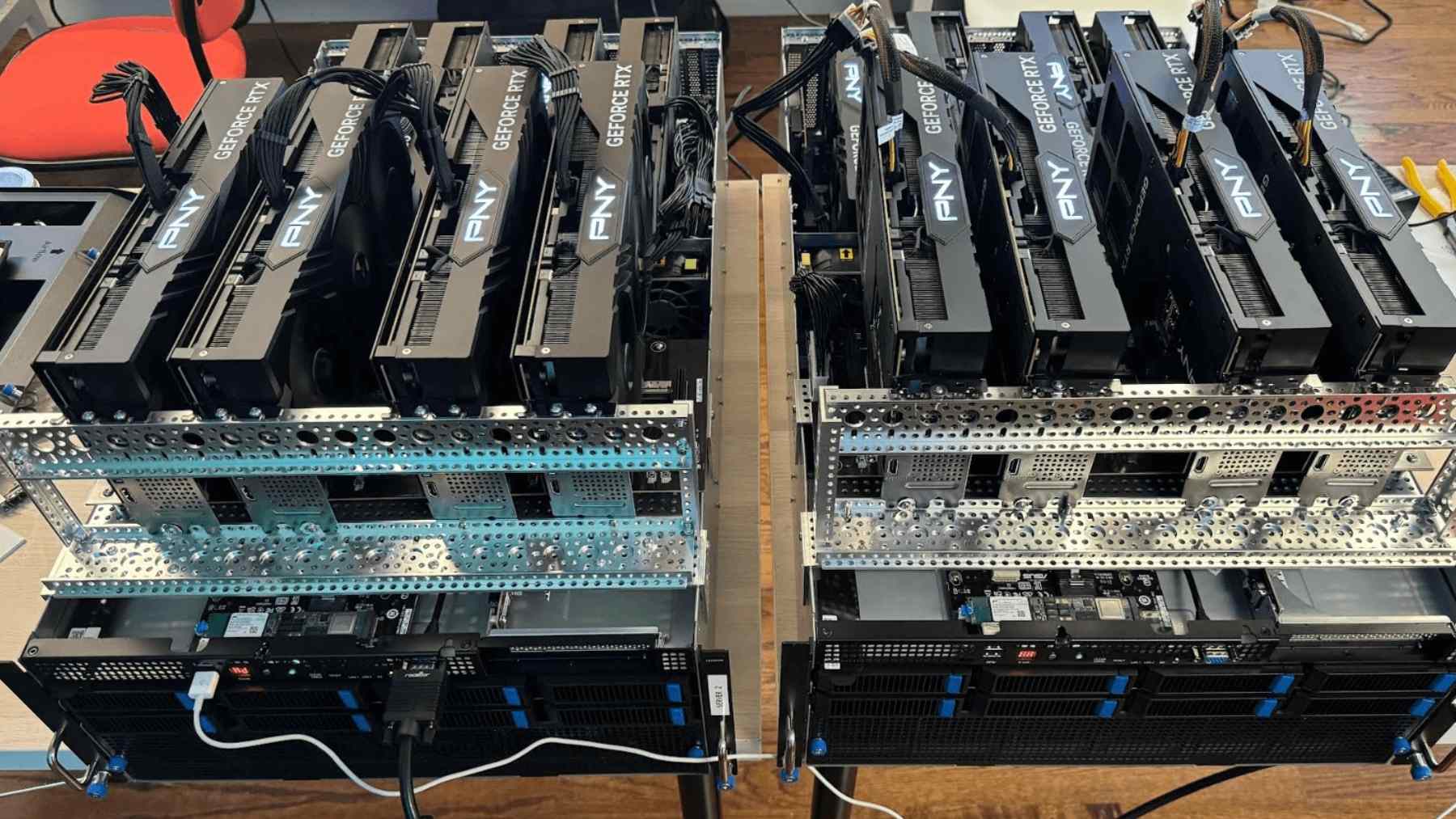 Rack servers loaded with multiple used Nvidia workstation-style GPUs, a low-cost setup for home server transcoding and VMs
