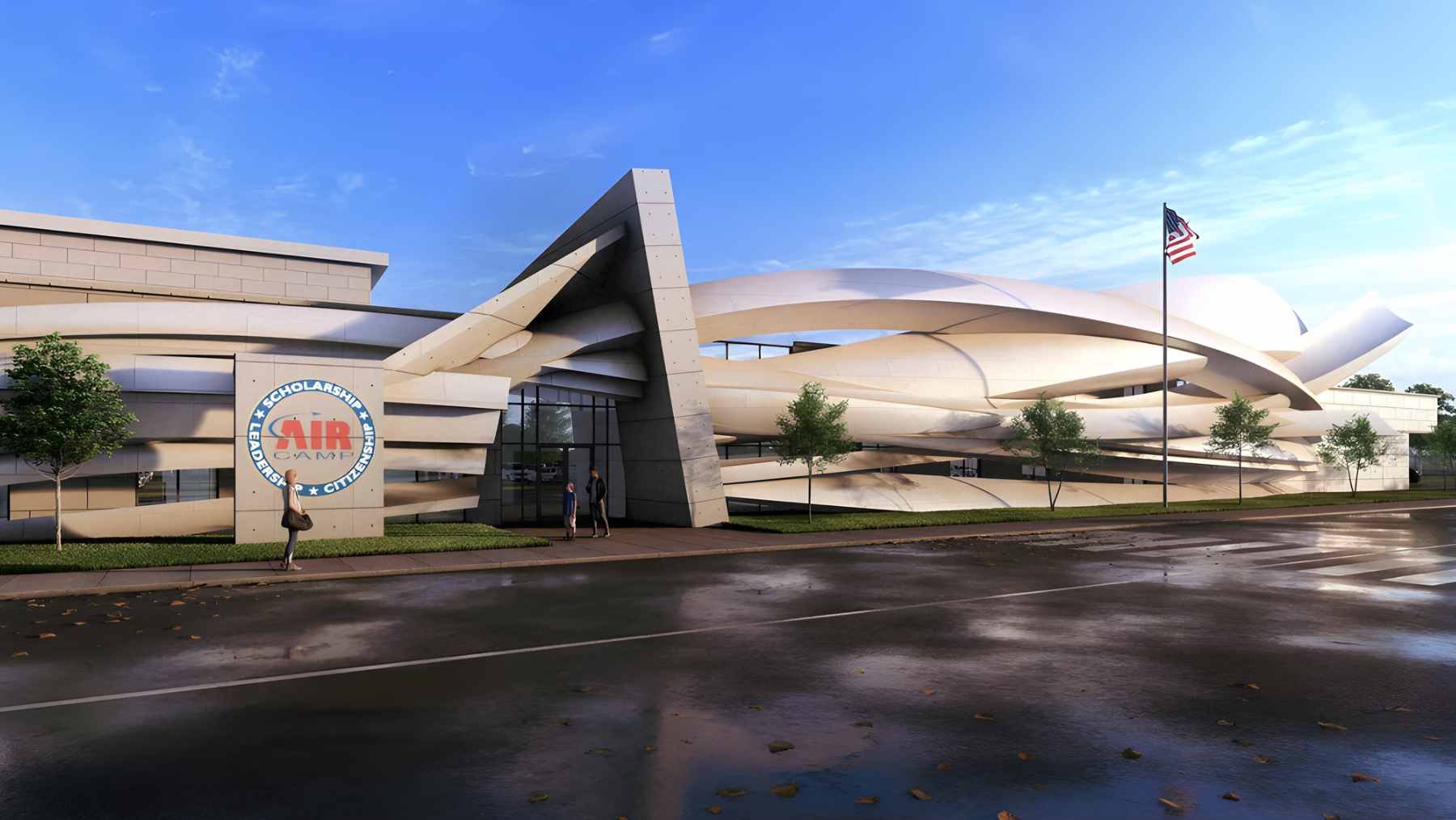 Front aerial perspective of the planned STEM Talent Development Complex at Wright-Patterson Air Force Base, featuring modern architecture and nearby aircraft hangars.