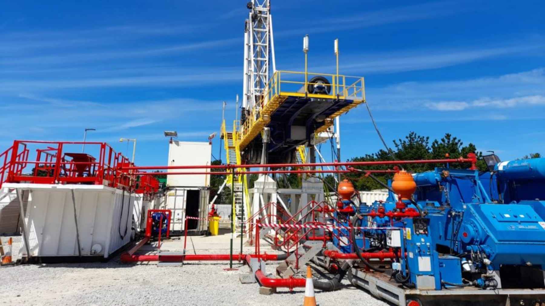 An industrial geothermal drilling rig and energy extraction facility operating at the United Downs site in Cornwall.