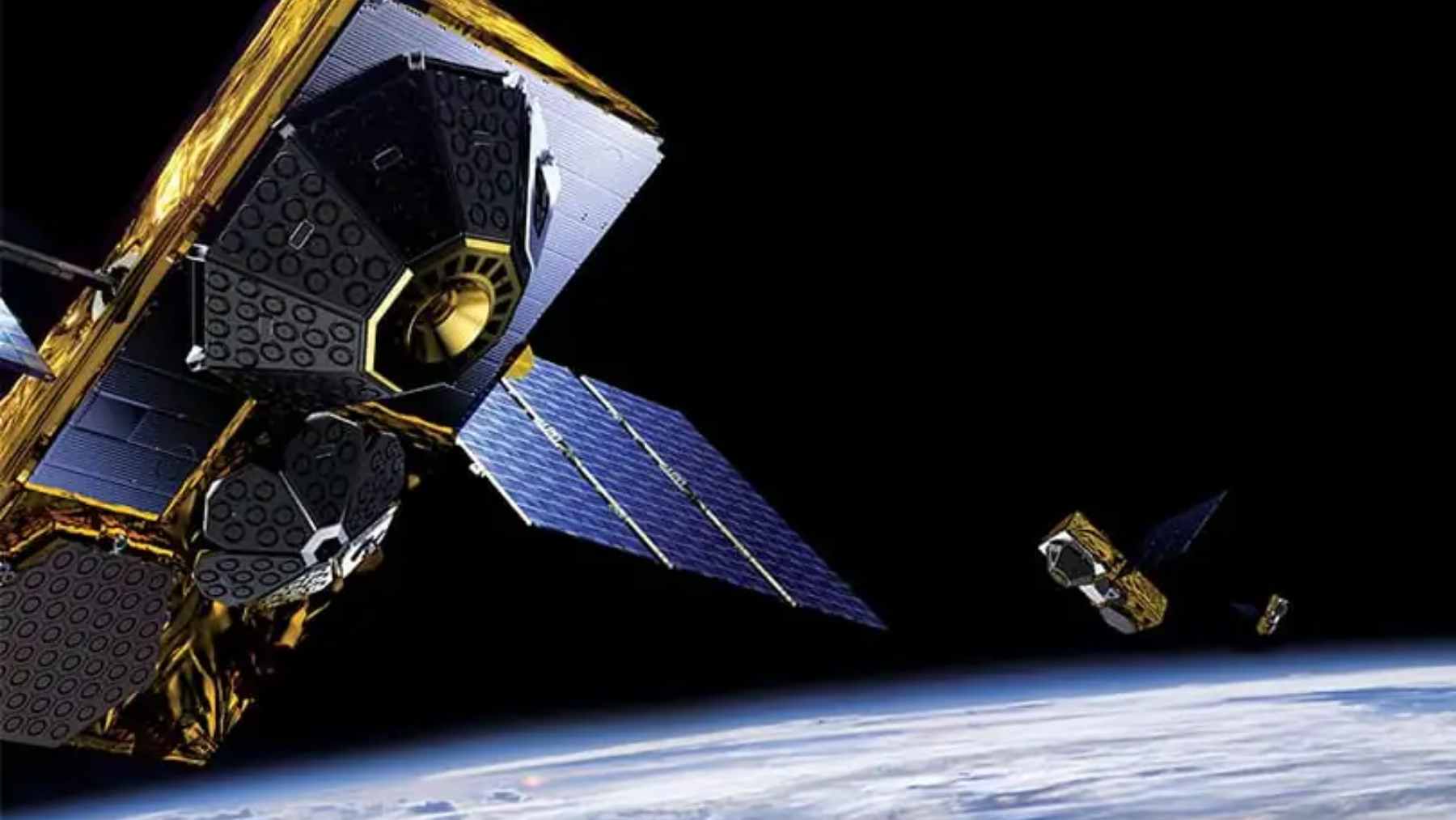 A digital rendering of Amazon's Project Kuiper satellites orbiting Earth in a dense low-Earth orbit constellation.