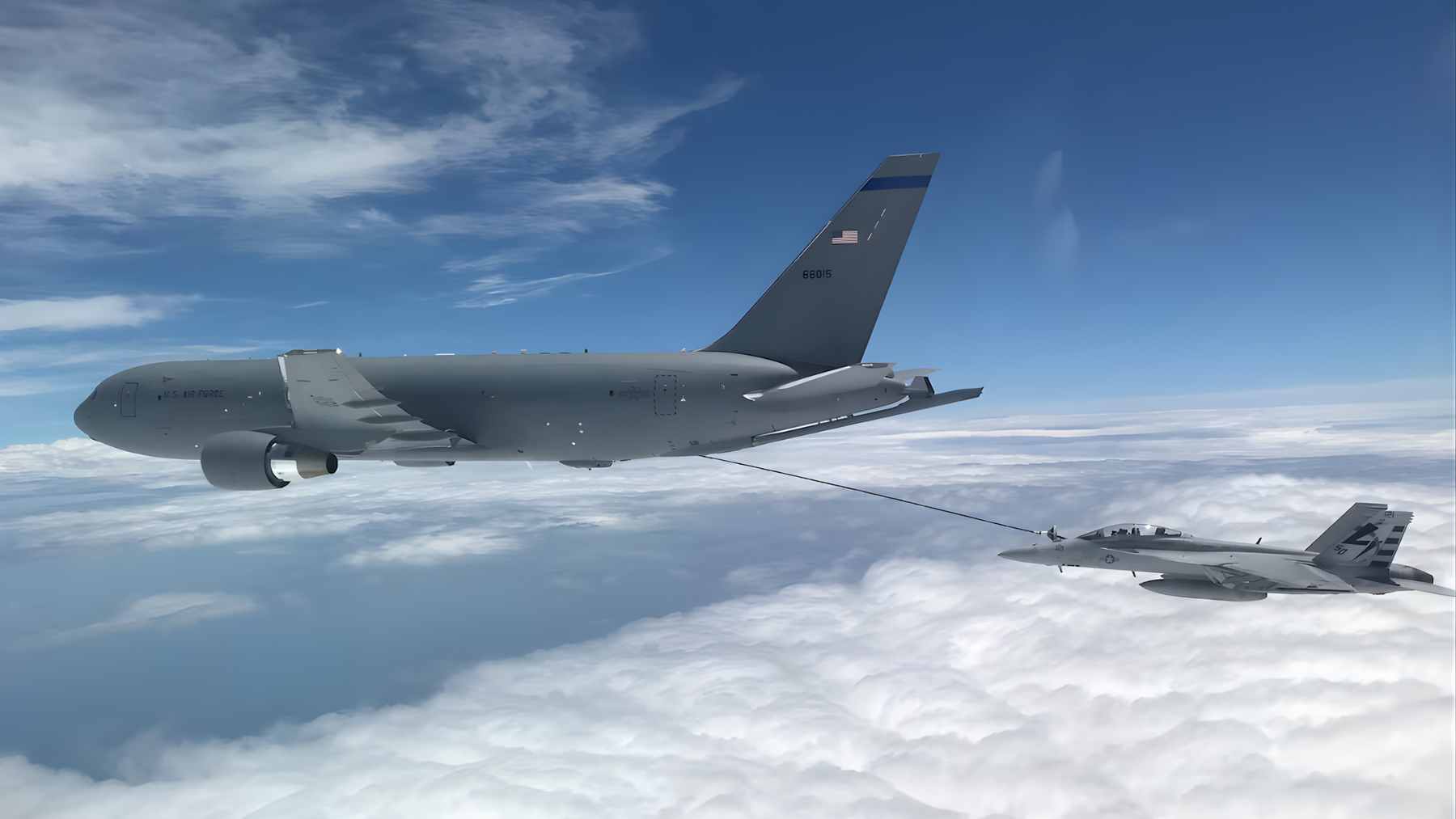 A Boeing KC-46A Pegasus aerial refueling tanker extending its boom toward a receiver aircraft during a restricted test flight.