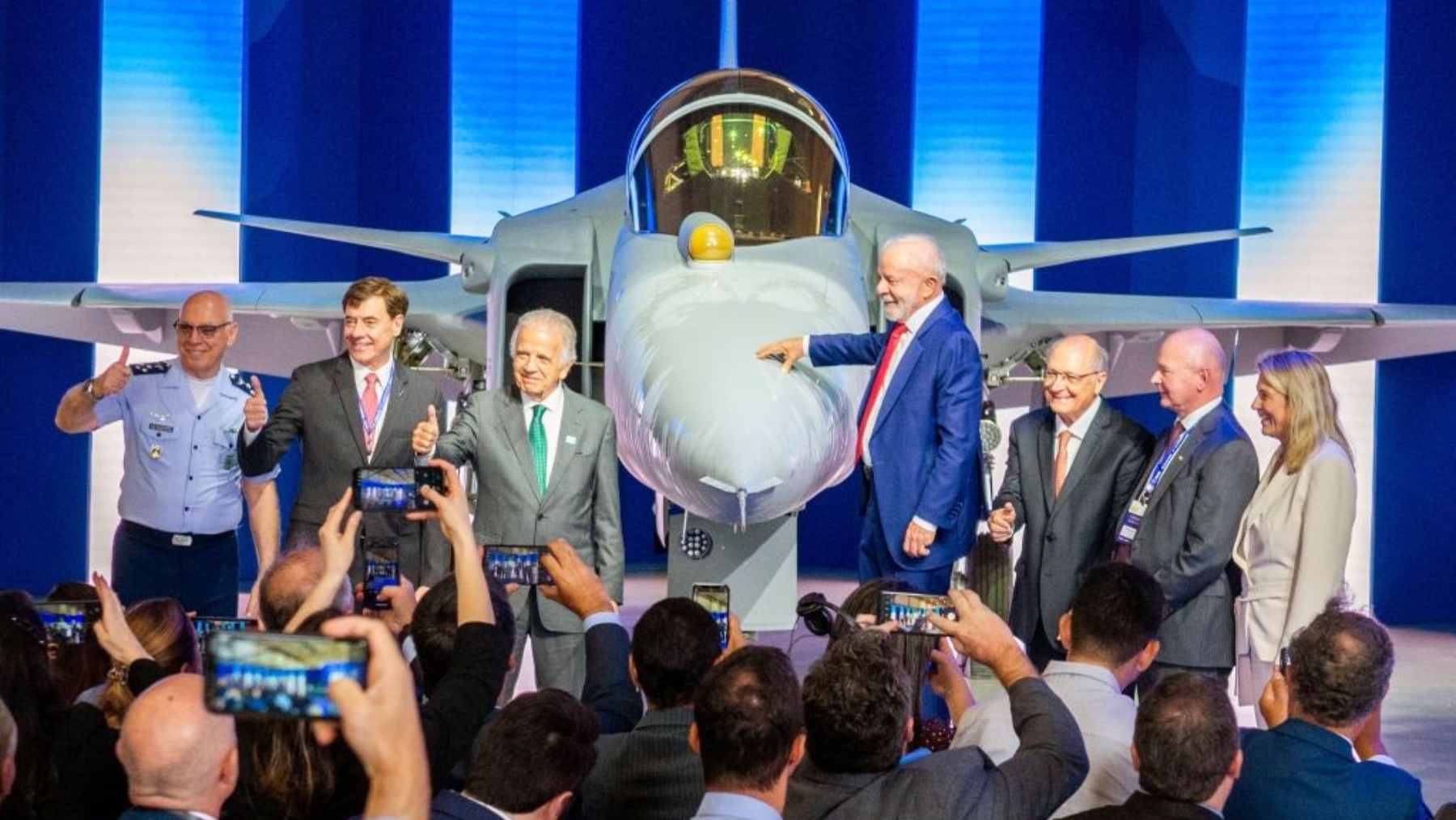 The first Brazilian-assembled Saab Gripen E fighter jet displayed at Embraer's Gavião Peixoto facility during its official rollout ceremony.
