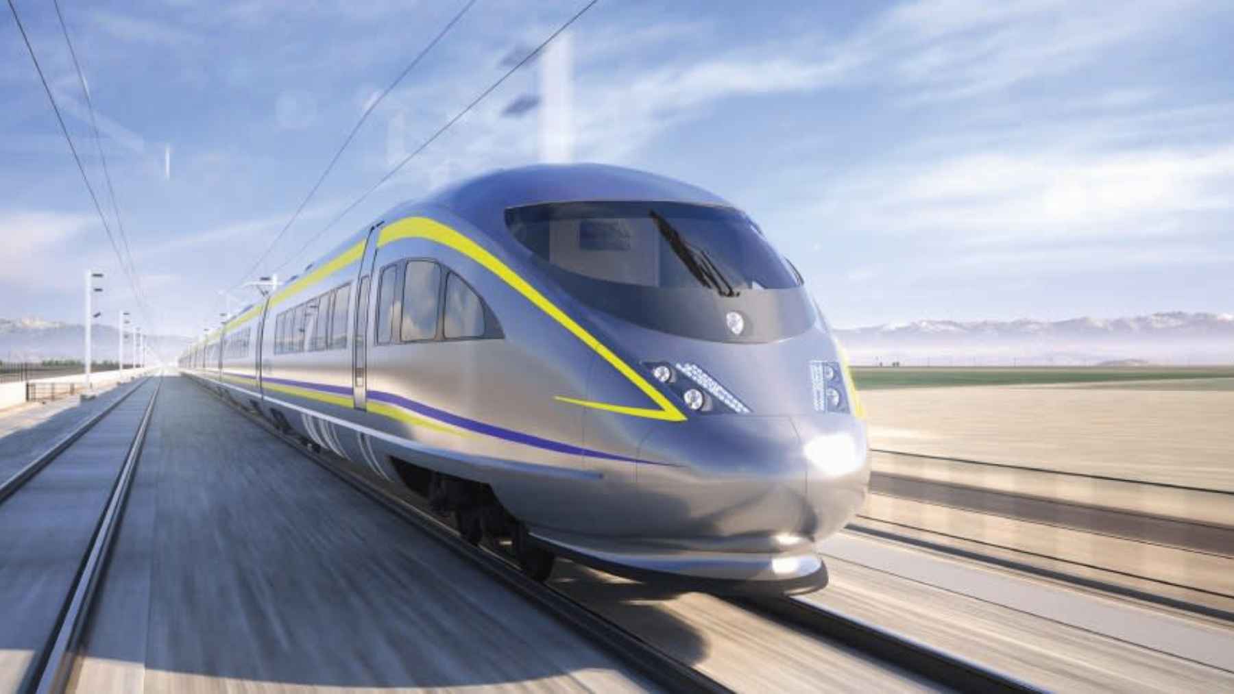 Rendering of a California high-speed train speeding along the tracks as the project moves into its track and systems phase