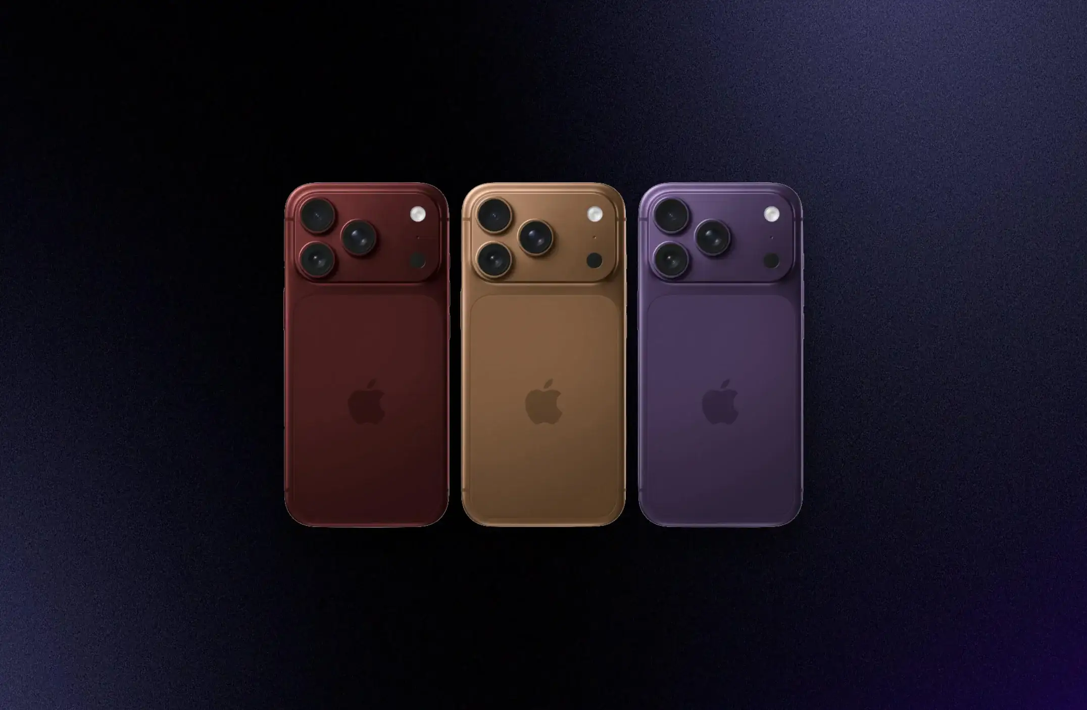 iPhone 18 Pro colores filtrados en marrón, burdeos y púrpura con diseño trasero de Apple.