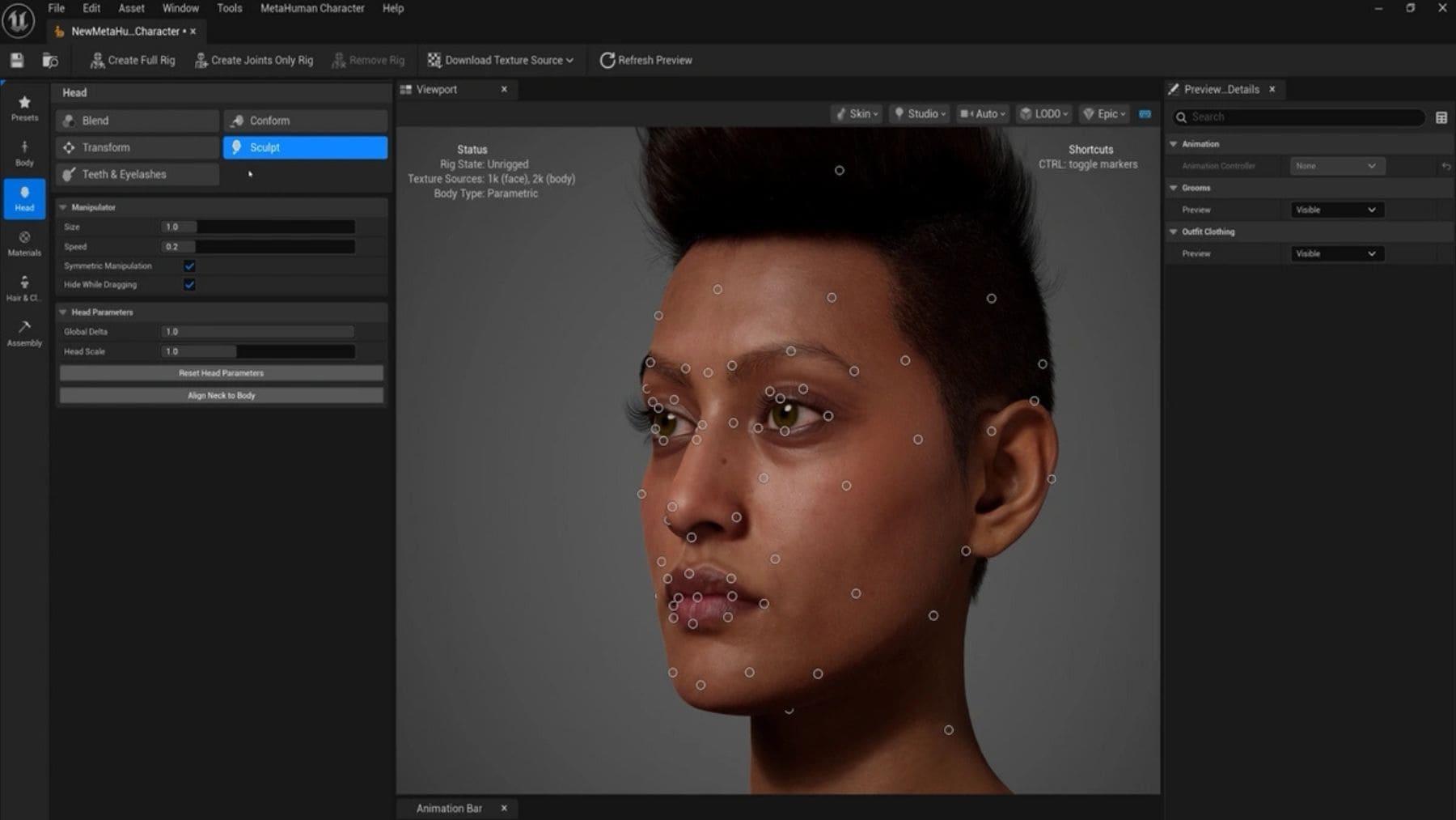 Interfaz de MetaHuman Creator de Epic Games mostrando la creación de un personaje digital hiperrealista.