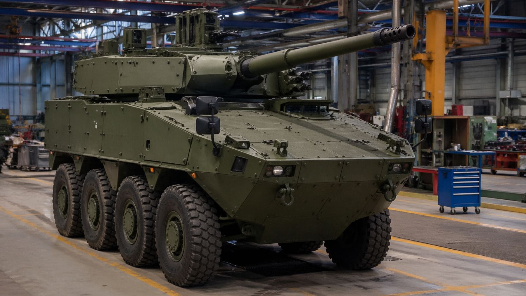 Blindado VCR 8x8 Dragón del Ejército de Tierra en nave de mantenimiento militar.