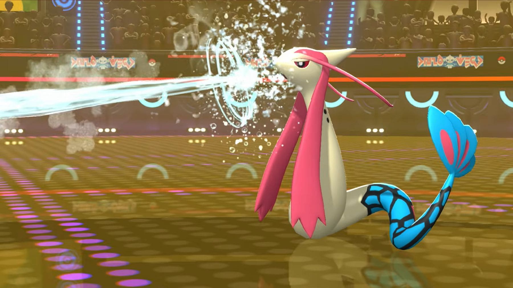 Combate en Pokémon Champions con Milotic lanzando un ataque en un estadio competitivo.